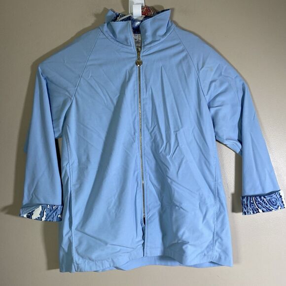 St. John Sport Navy Pale Blue Zip Knit Jacket Womens Large Flip Cuff